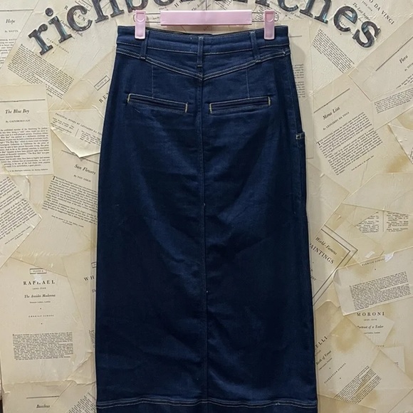 Anthropologie Pilcro Slit Front Denim Maxi Skirt Stretch Fray Hem Dark Blue - Picture 10 of 10